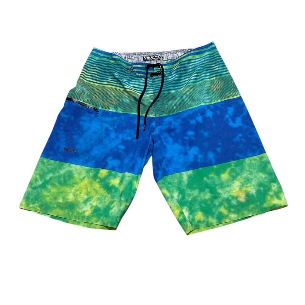 Volcom Mens Size 33 Boardshorts Blue Green Striped 4-Way Stretch Cinch Fly